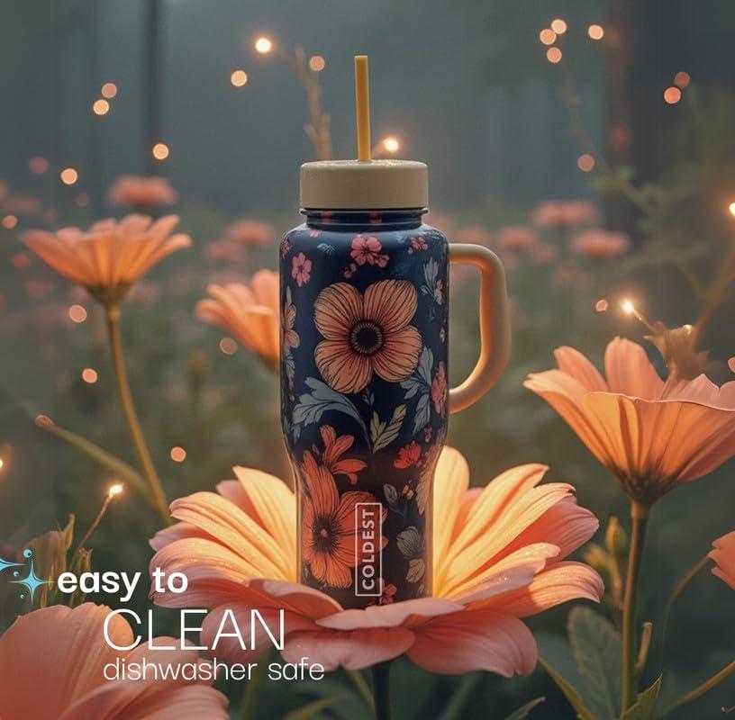 Coldest 40 oz Tumbler with Handle and Straw, 100% Spill Proof Tumbler with Straw (3 Lids), Stainless Steel Insulated Leakproof Tumblers for Women Men, Cup Holder Friendly, 46 oz (Forever Pink Glitter)