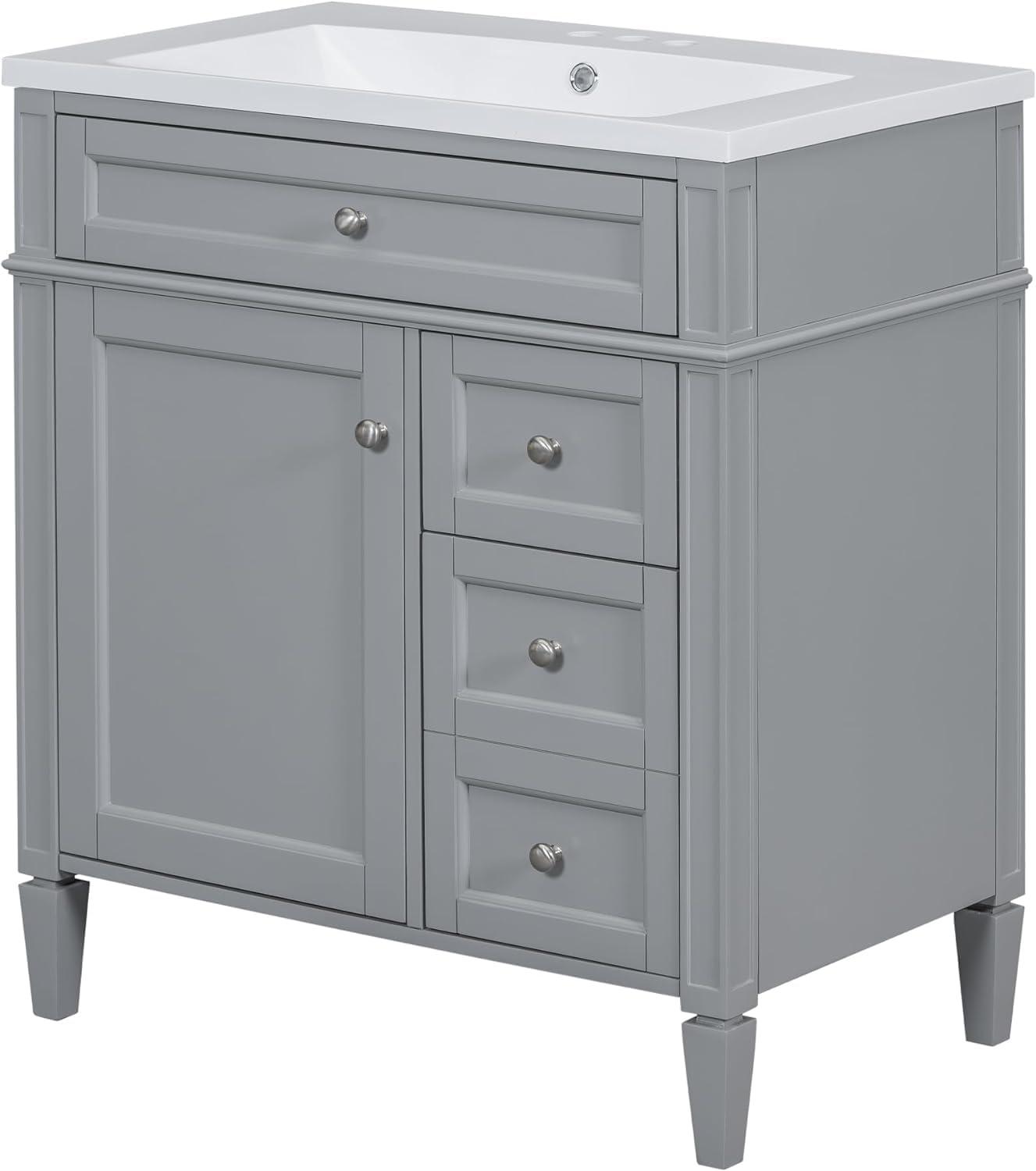 Bathroom Vanity with Top Sink, Tip-out Drawer, 30’’ Solid Wood + MDF Single Bathroom Storage Cabinet with Sink Combo Set, Grey