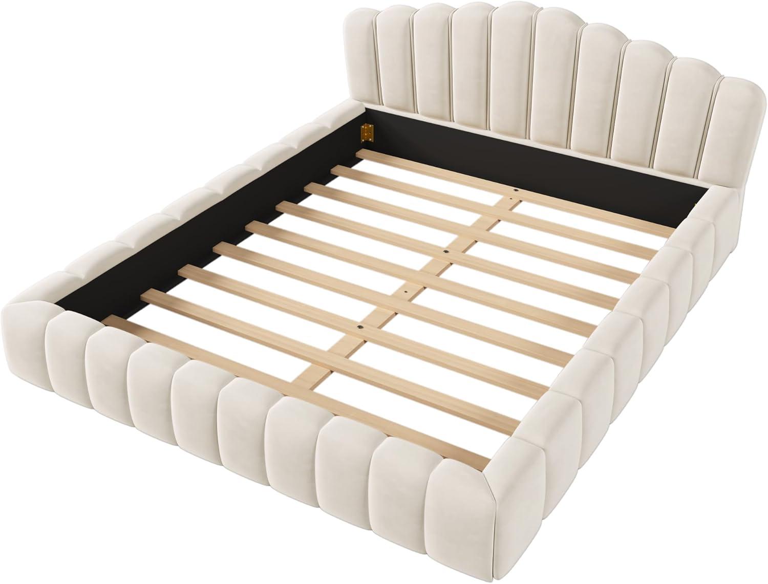 Beige Velvet Queen Platform Bed with Shell Headboard and Storage