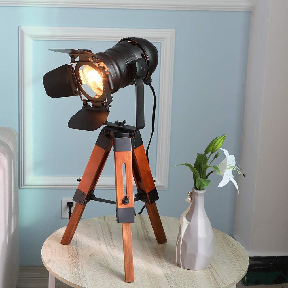 Modern Industrial Vintage Tripod Floor Table Lamp - Metal Wooden Nautical Cinema Standing Searchlight - Reading Light for Living Room Movie Theatre Decoration Adjustable Height (excluding Bulb)