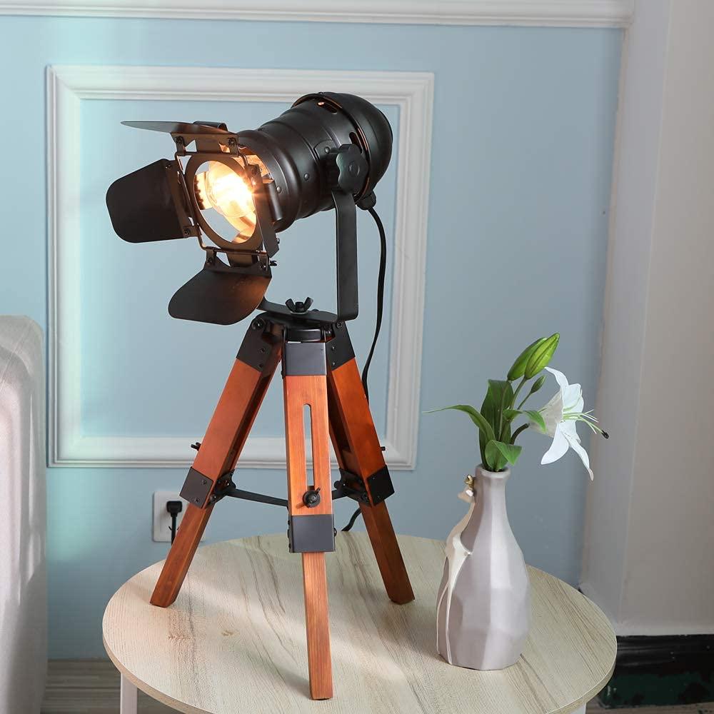 Modern Industrial Vintage Tripod Floor Table Lamp - Metal Wooden Nautical Cinema Standing Searchlight - Reading Light for Living Room Movie Theatre Decoration Adjustable Height (excluding Bulb)