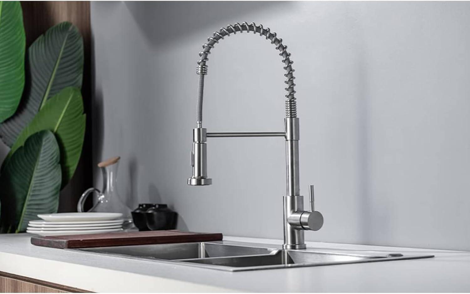 Faucet With Pull Down Sprayer, Brushed Nickel Single Handle Pull Out Spring Sink Faucets