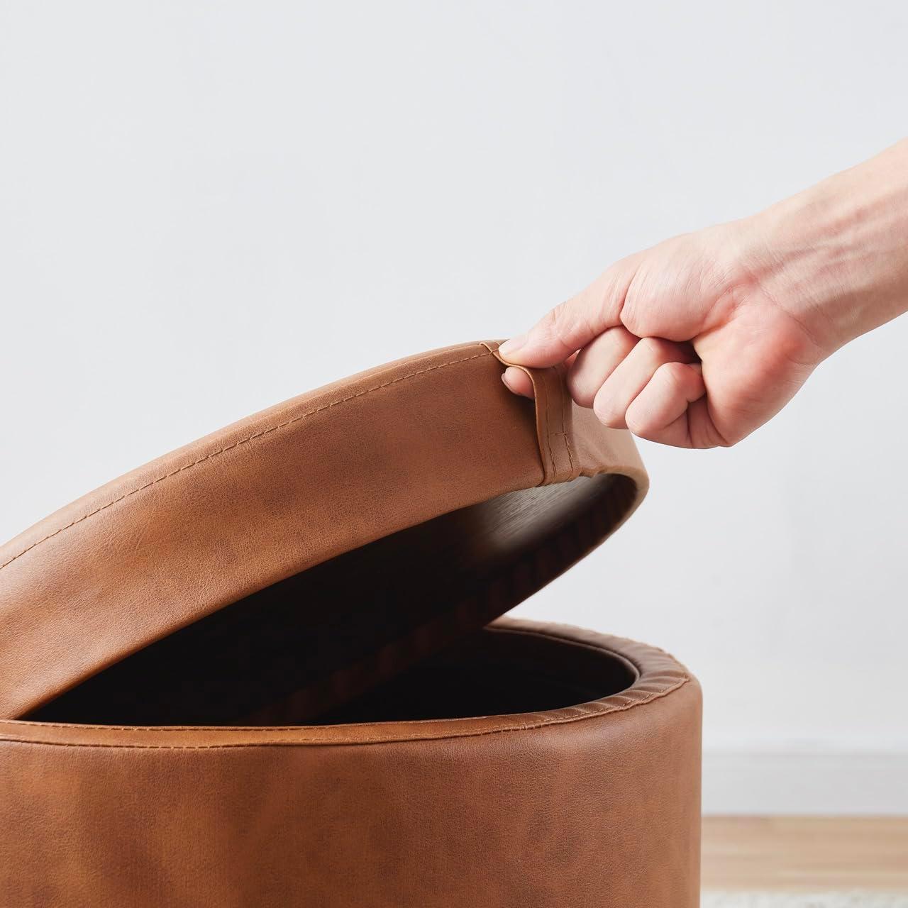 Ornavo Home Lawrence Round Storage Ottoman with Table Top Lid - Linen Beige