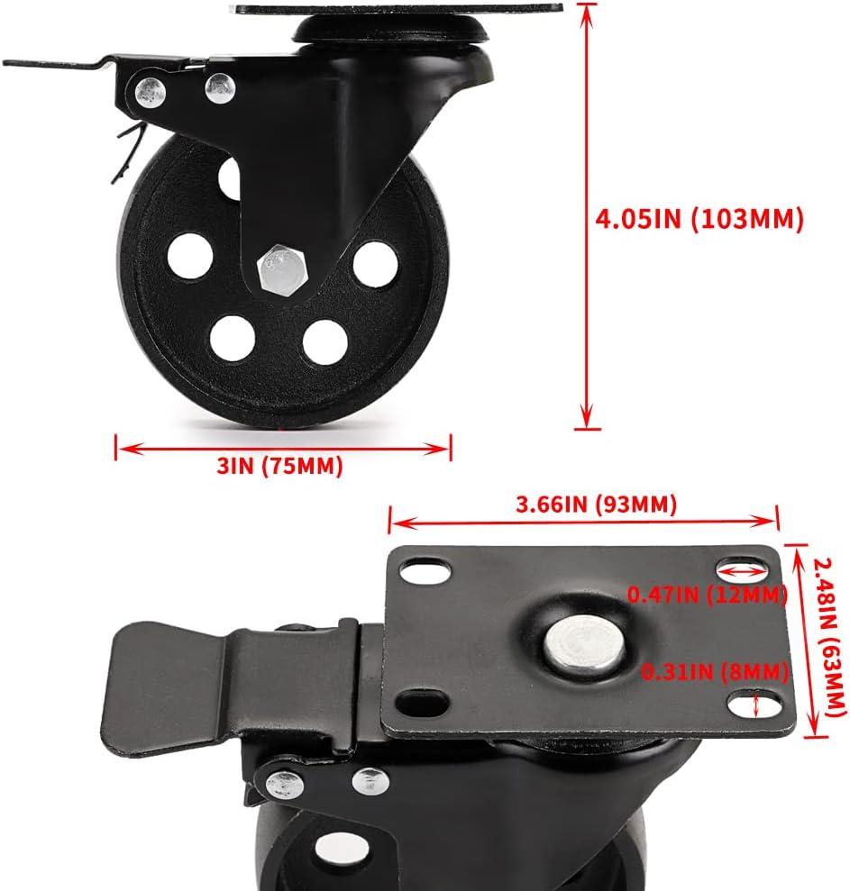 Skelang 3” Plate Caster Wheel, Cast Iron Swivel Plate Casters with Dual Locking for Vintage TV Stand, Coffee Table, Welding Cart, Total Load Capacity 1080Lbs, Pack of 4