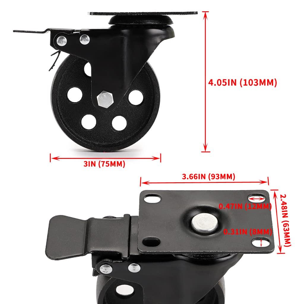 Skelang 3” Plate Caster Wheel, Cast Iron Swivel Plate Casters with Dual Locking for Vintage TV Stand, Coffee Table, Welding Cart, Total Load Capacity 1080Lbs, Pack of 4