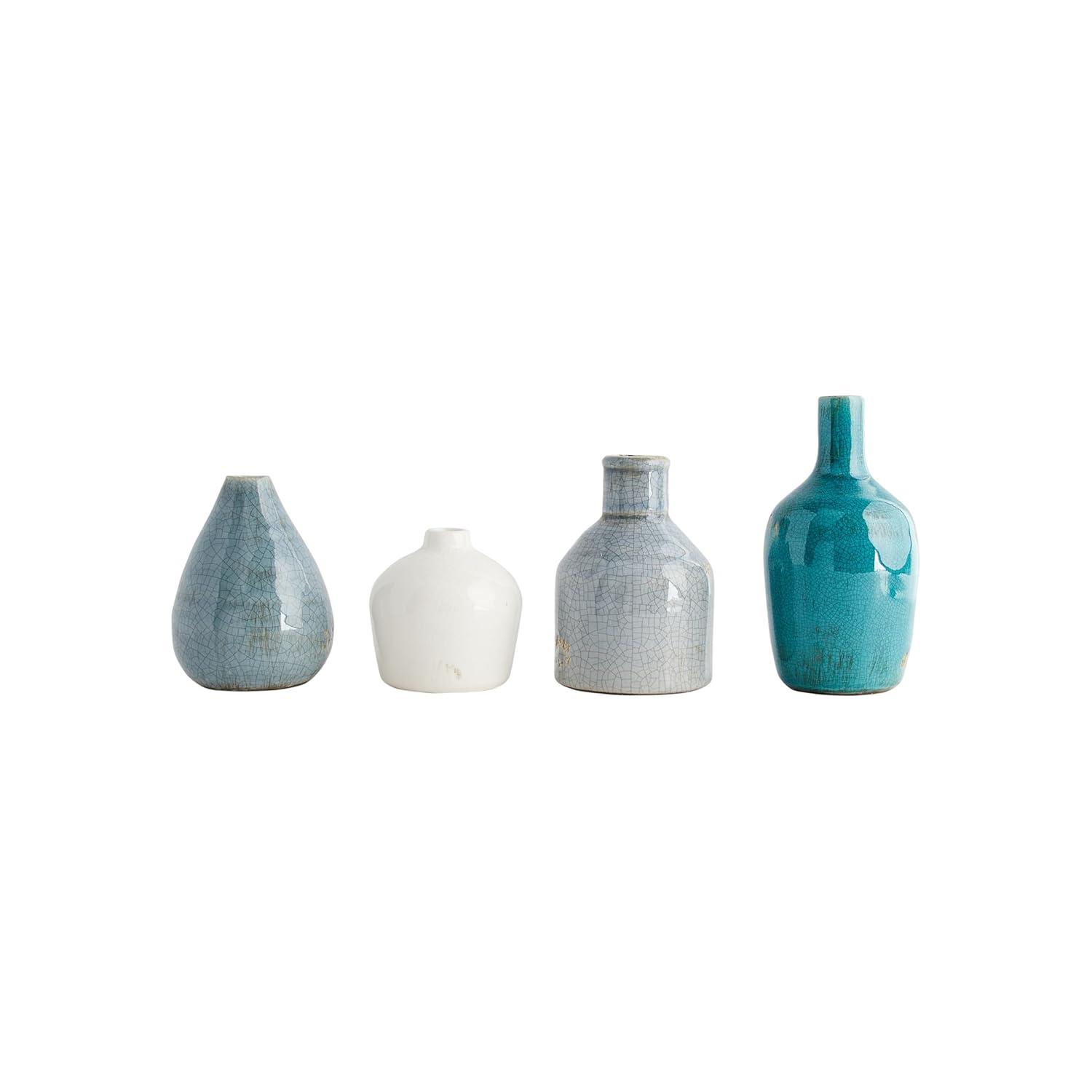 Storied Home Set of 4 Terra-cotta Vases Blue & White - Handmade Pottery, Not Dishwasher-Safe