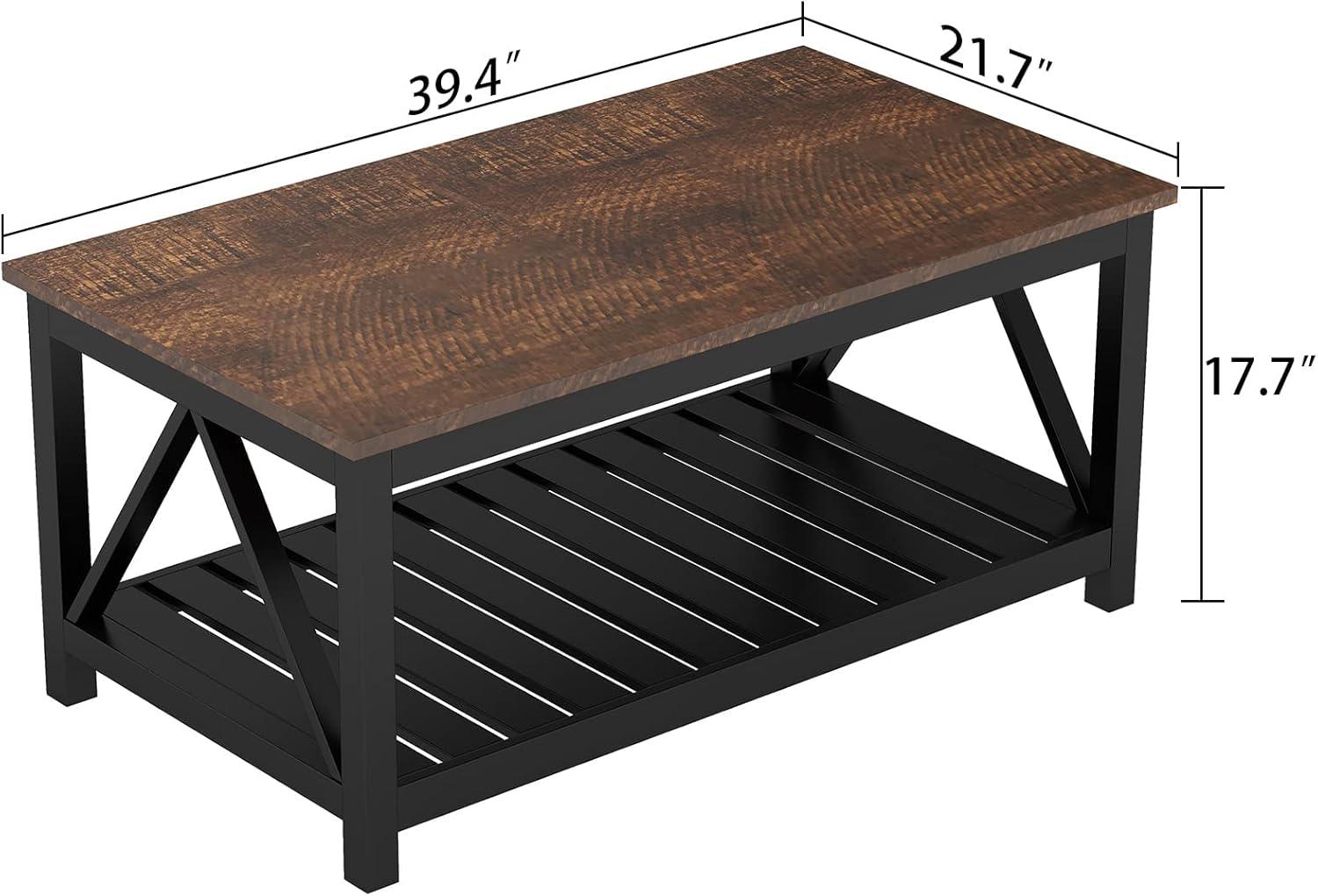 Coffee Table, Rustic Vintage Farmhouse Living Room Table with Shelf, 40