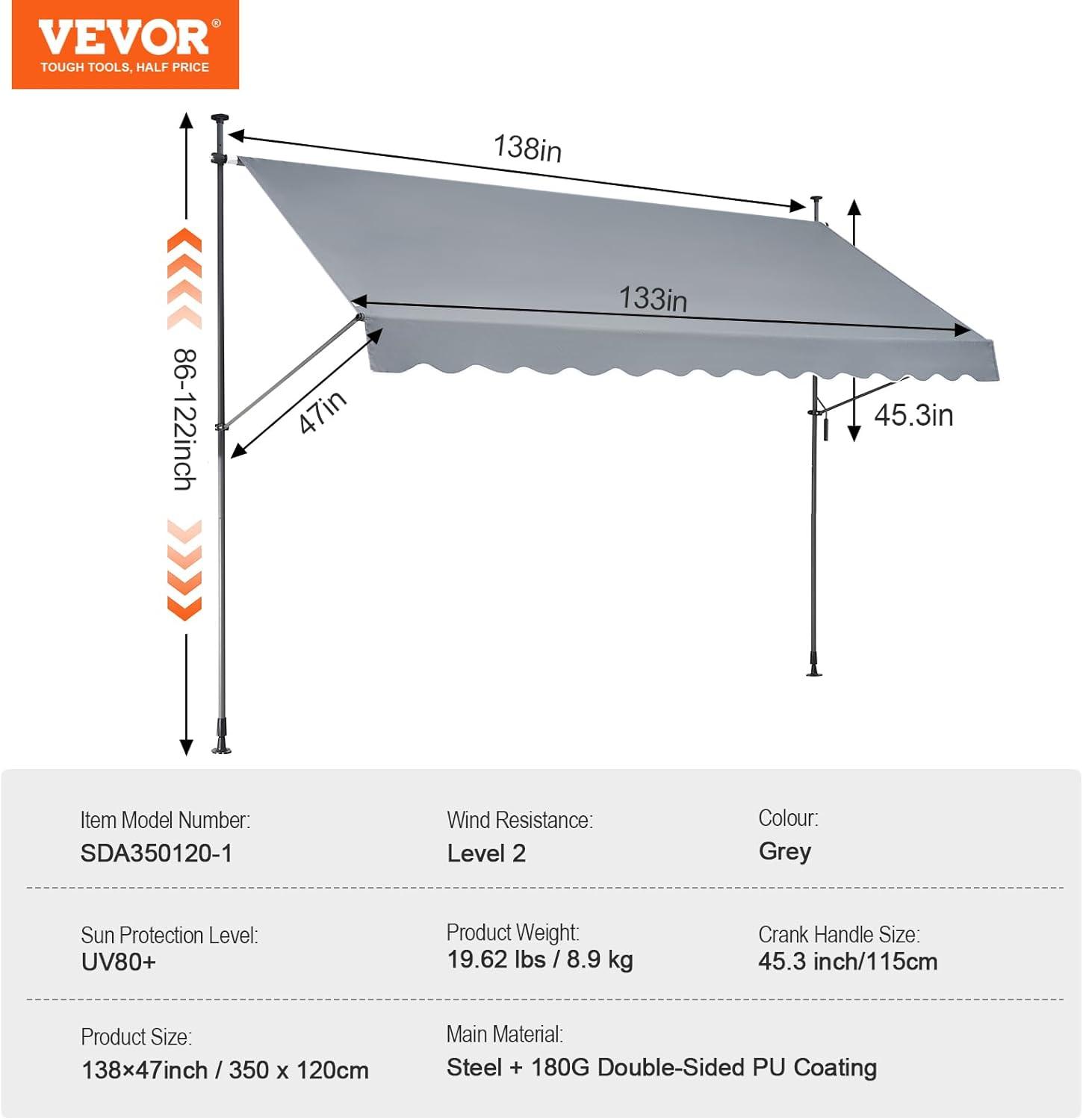 Gray Retractable Patio Awning with Steel Frame and Manual Crank