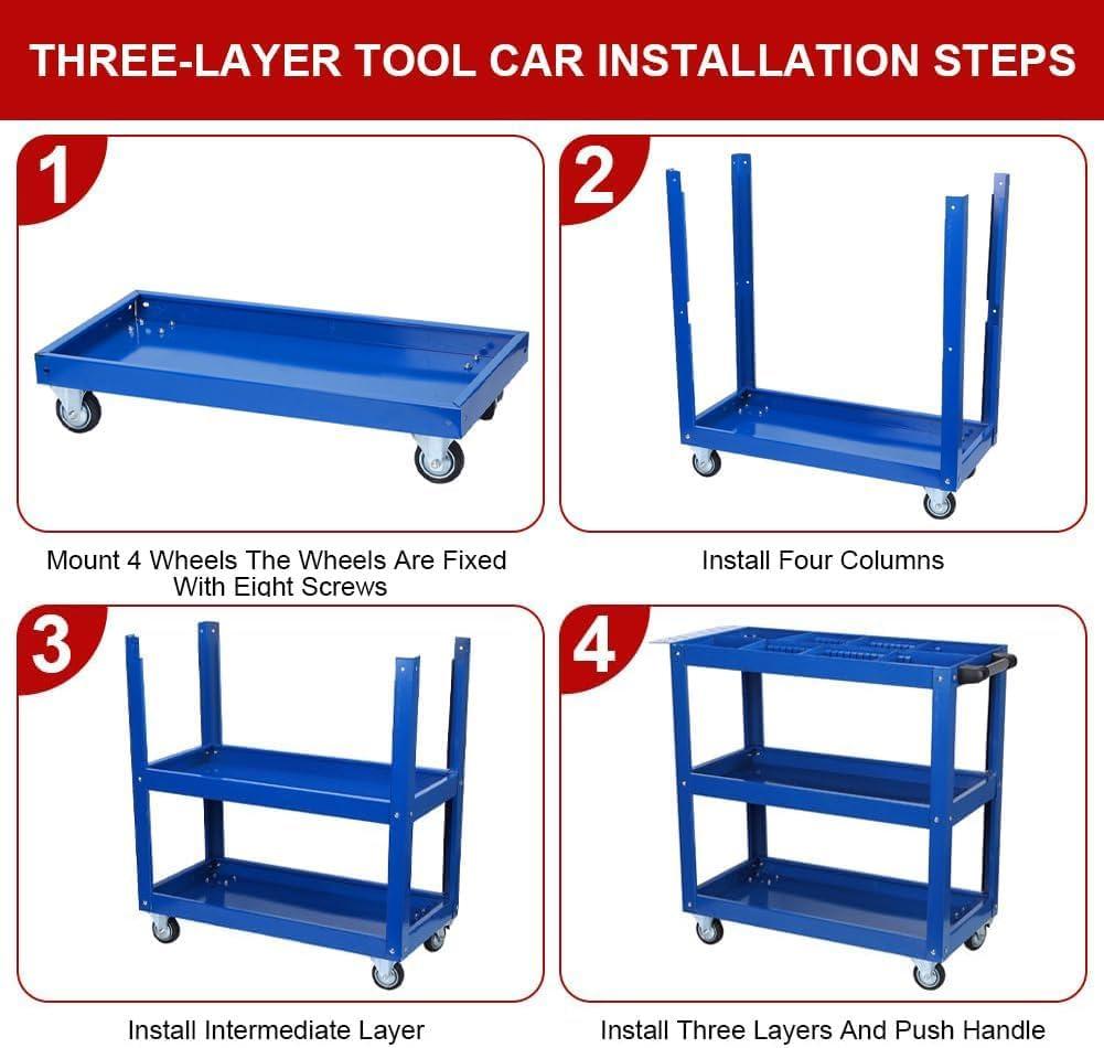 Blue 3-Tier Heavy Duty Steel Utility Cart with Lockable Wheels