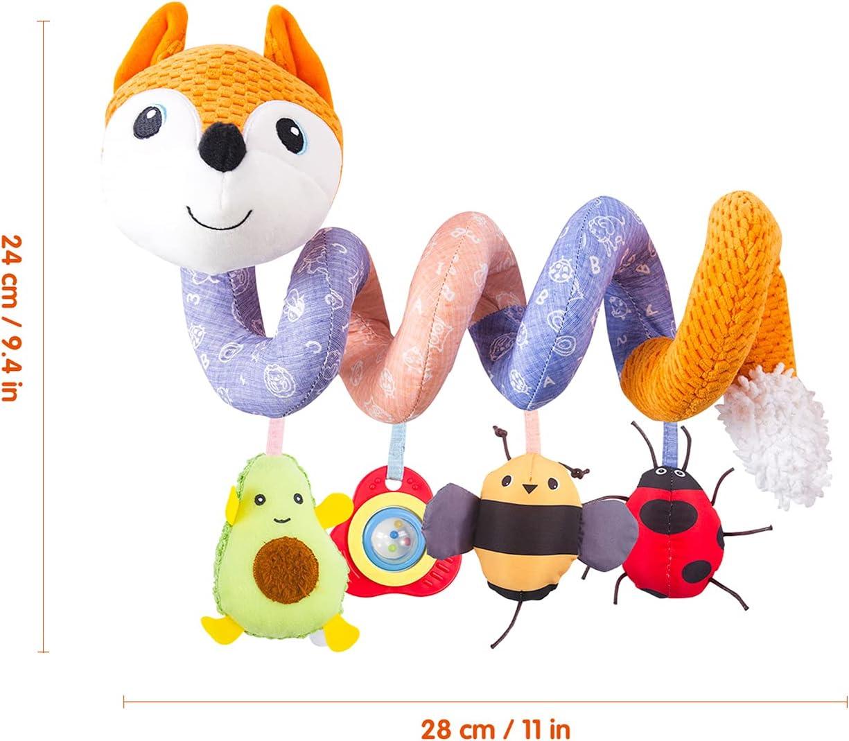 HILENBO Car Seat Toys, Infant Baby Orange Fox Spiral Plush Activity Hanging Toys for Car Seat Stroller Bar Crib Bassinet Mobile with Music Box BB Squeaker and Rattles?Orange?