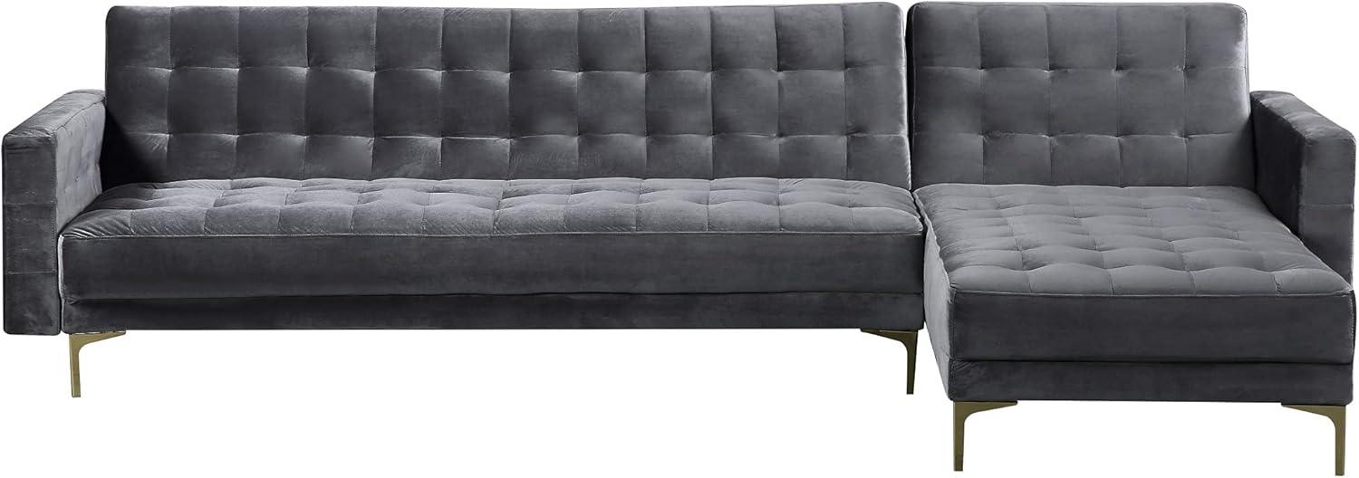 Luxurious Gray Velvet Tufted Sectional with Gold Metal Legs