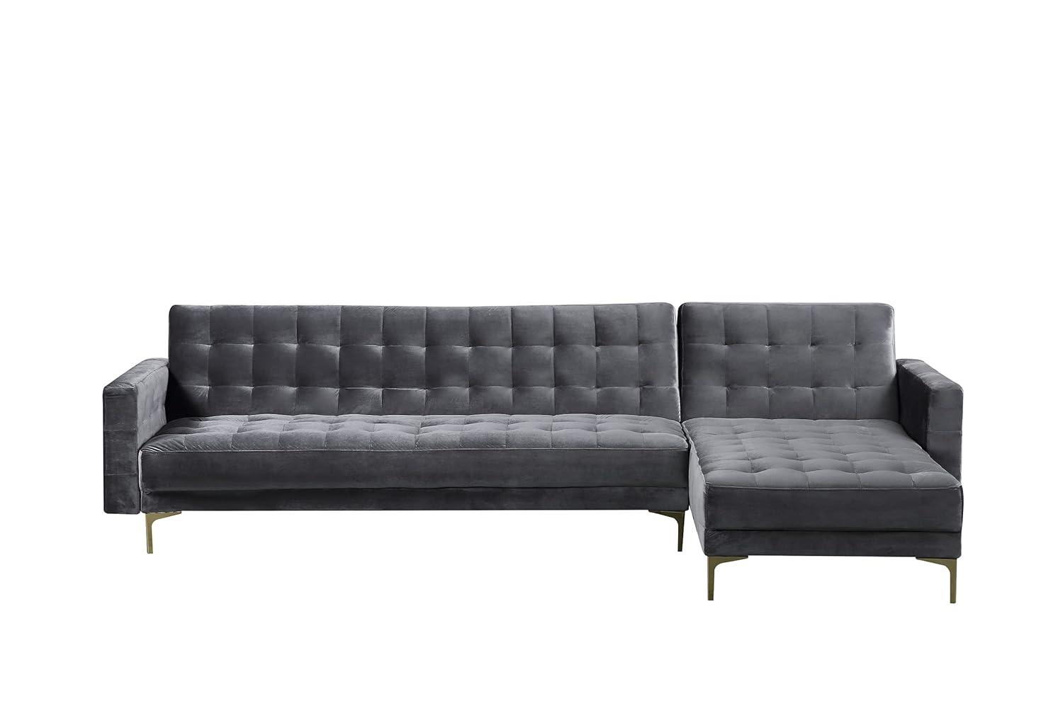 Luxurious Gray Velvet Tufted Sectional with Gold Metal Legs