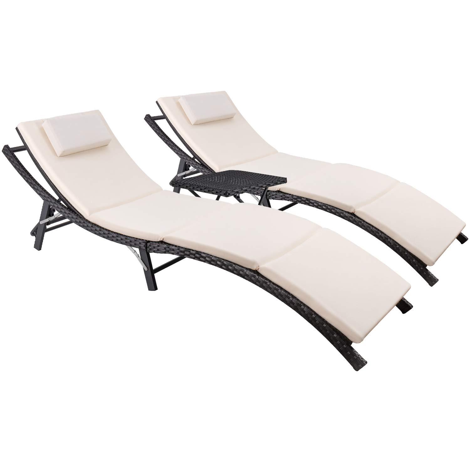 Devoko 3 Pieces Patio Lounge Chaise Chair Set Outdoor PE Rattan Folding Chair Sets with Table, Beige