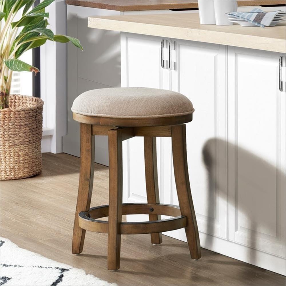 Ellie 21" Wide Solid Rubber Wood Frame Linen Fabric Counter Height Round Swivel Stool