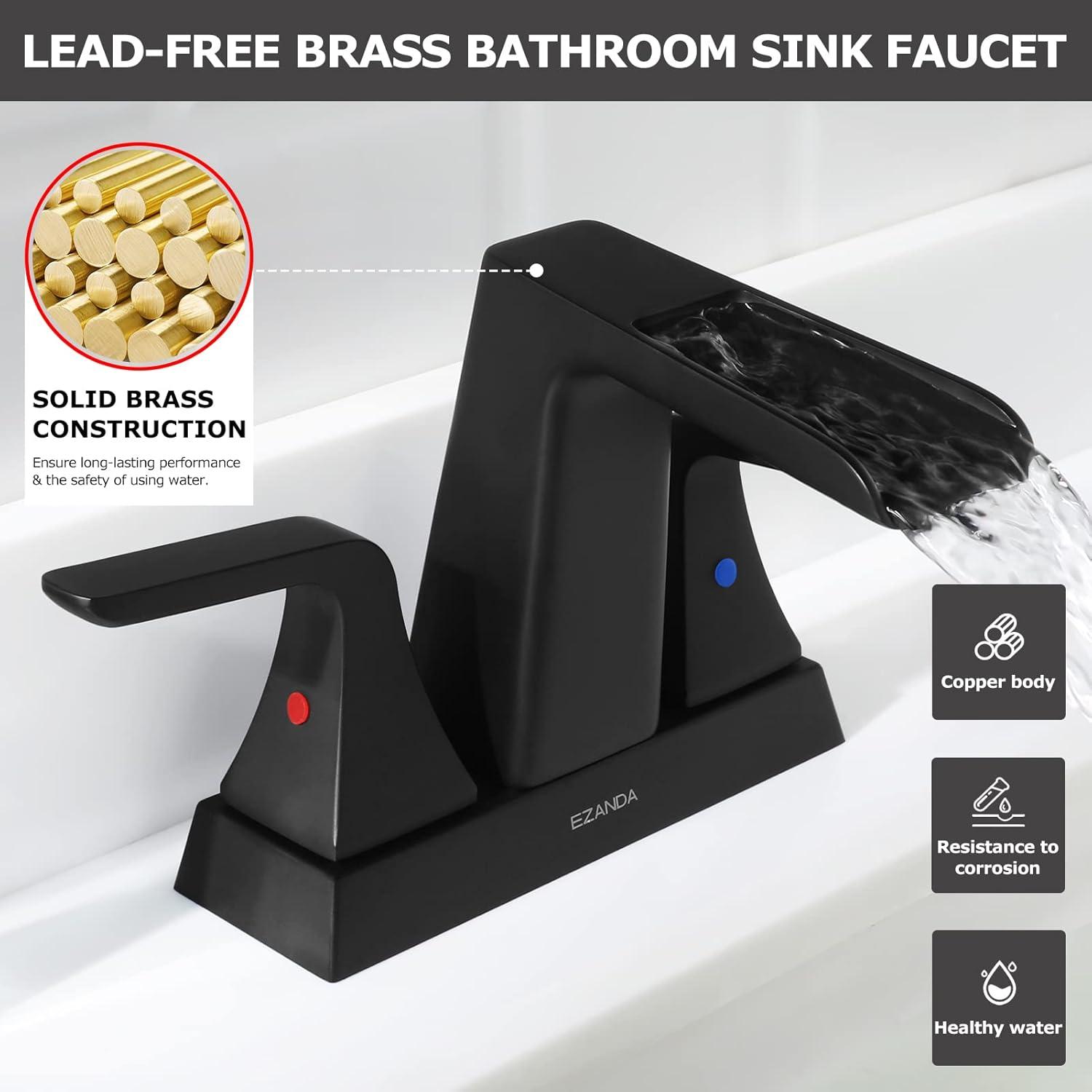 Matte Black 4-Inch Brass Waterfall Bathroom Faucet with Pop-up Drain