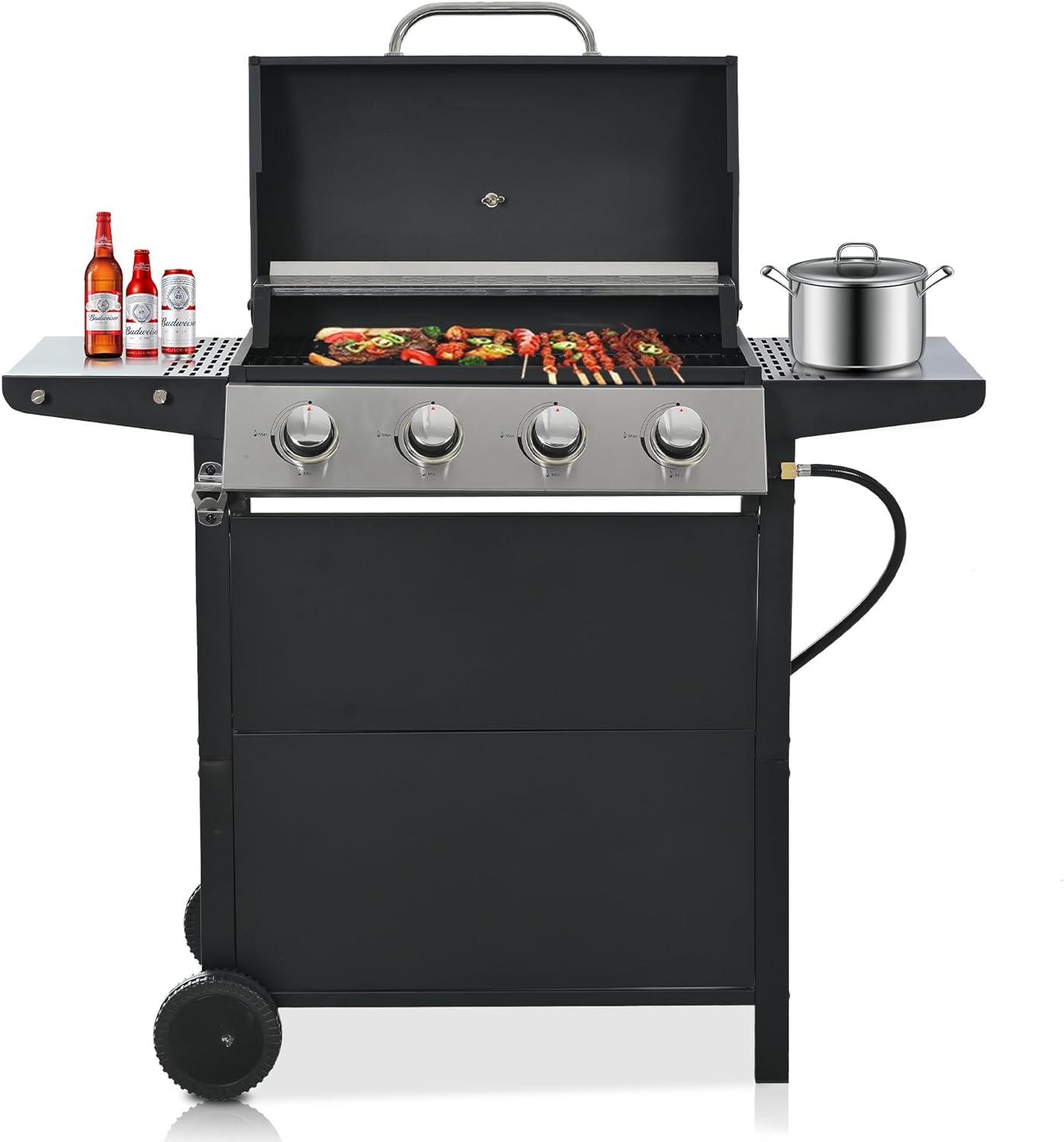 Propane Grill 4 Burner, 34,200 BTU Stainless Steel Gas Grill with Porcelain-Enamel Cooking Grates, Integrated Ignition System, and Built-in Thermometer for Outdoor BBQ