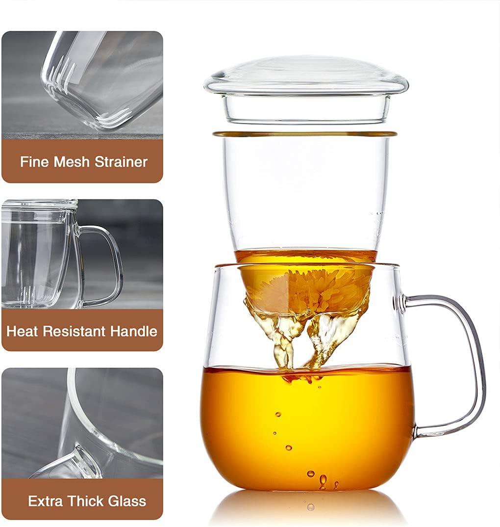 Large Clear Borosilicate Glass Tea Cup with Infuser and Lid, 17.6oz - For Loose Leaf Tea Enjoyment Teacup Mug