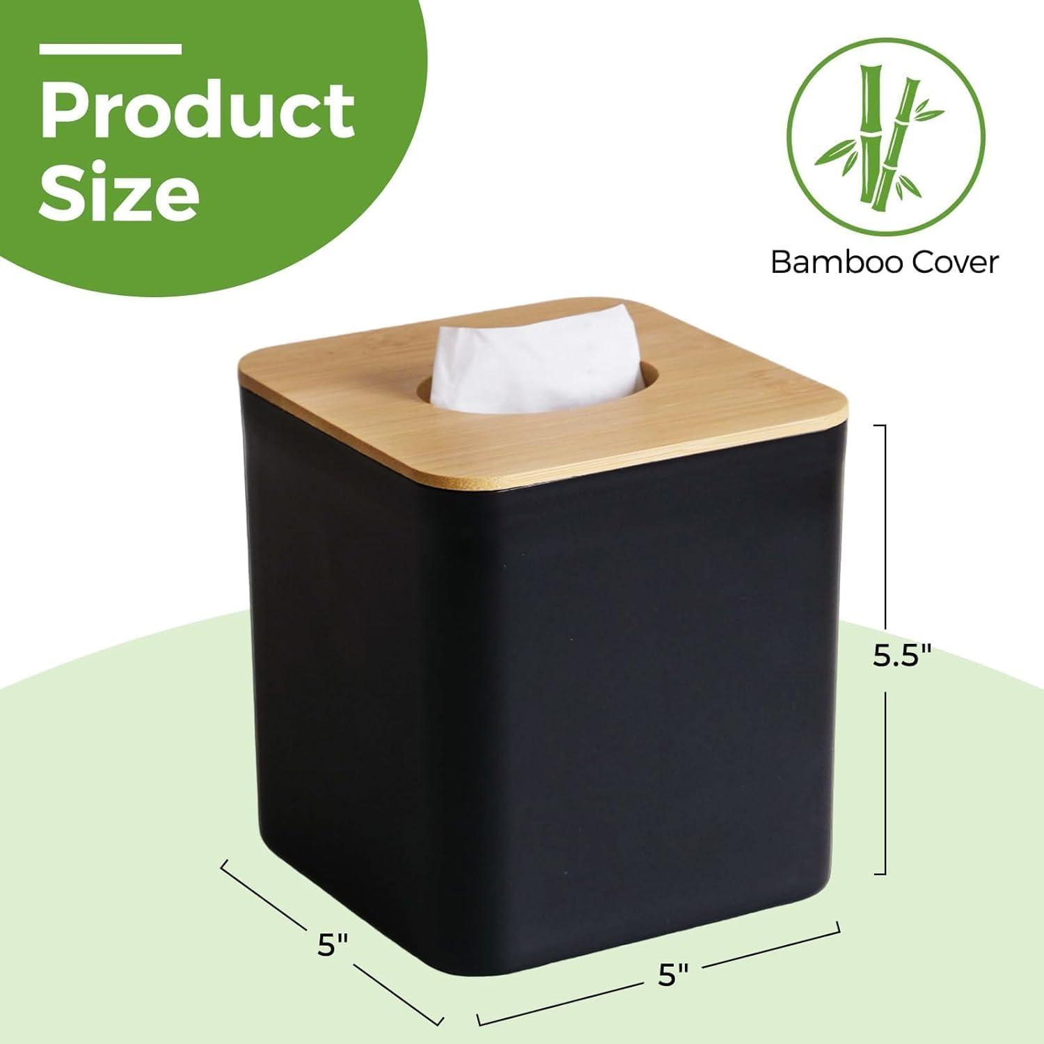 Tissue Box Cover Square, Black Tissue Box Holder with Bamboo Cover Plate, Cube Tissue Box Cover for Desk Accessories, Tissue Holders Decorative Square Tissue Box Tissue Holders for Bathrooms Bedrooms