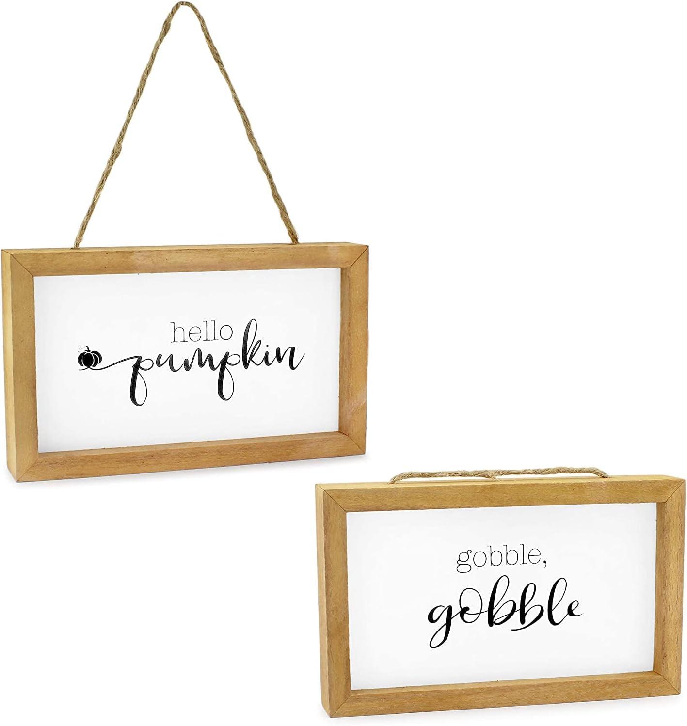 AuldHome Design 8.5x5" Farmhouse Decor Fall Theme Wood Signs 2pc Set; Mini Welcome Seasonal Plaques Pumpkin