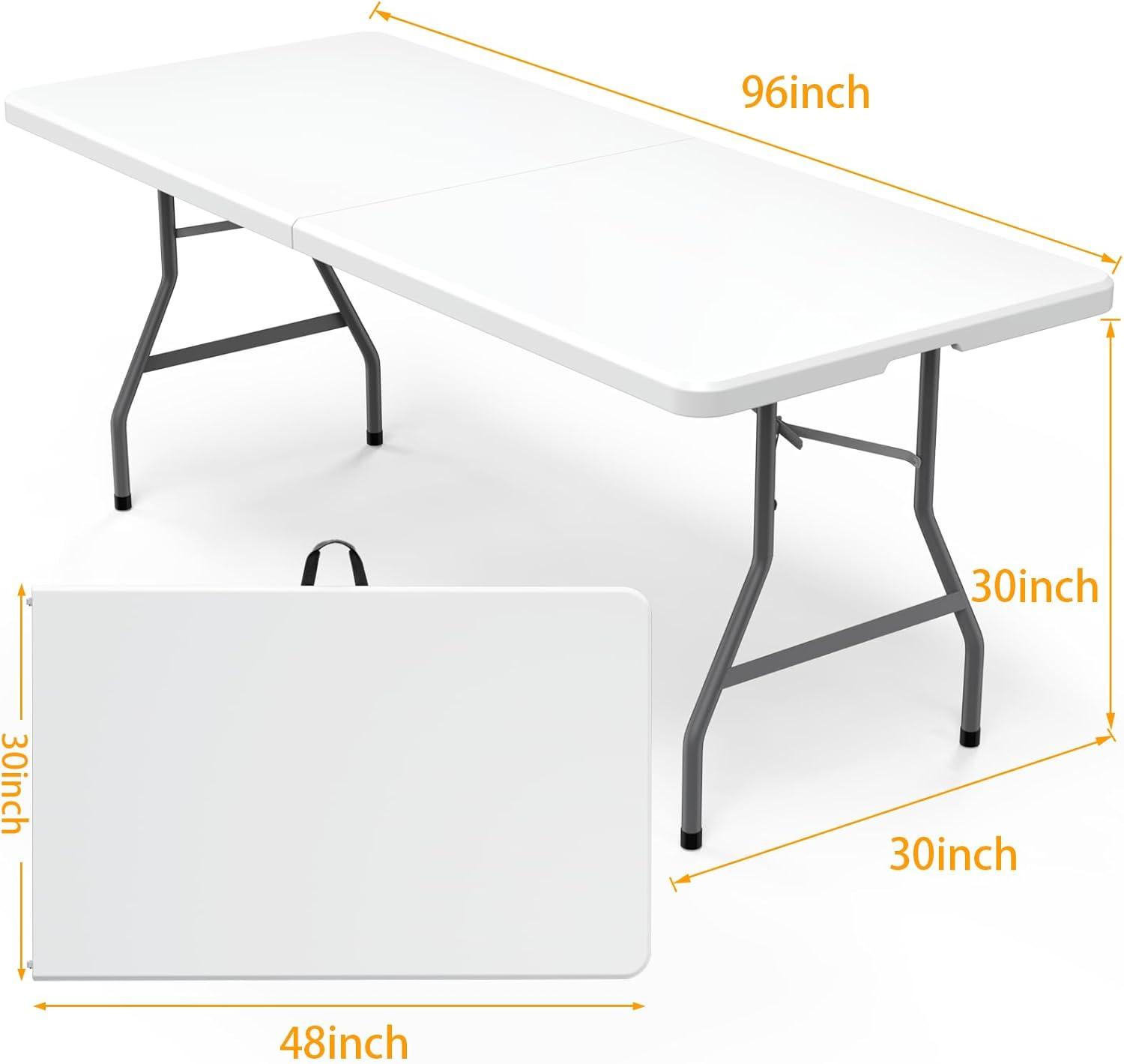 8FT（30" x 96"） Folding Table, Indoor Outdoor Heavy Duty Picnic Table with Carrying Handle,Plastic Fold up Table for Picnic, Party, Camping，Office - White