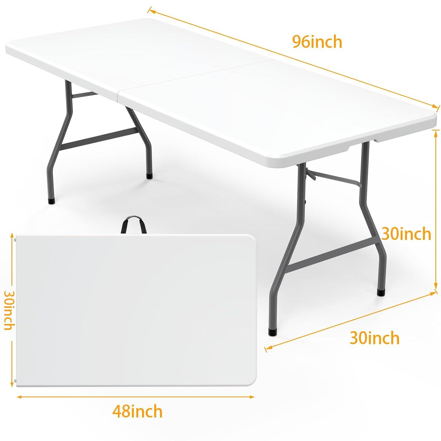 8FT（30" x 96"） Folding Table, Indoor Outdoor Heavy Duty Picnic Table with Carrying Handle,Plastic Fold up Table for Picnic, Party, Camping，Office - White