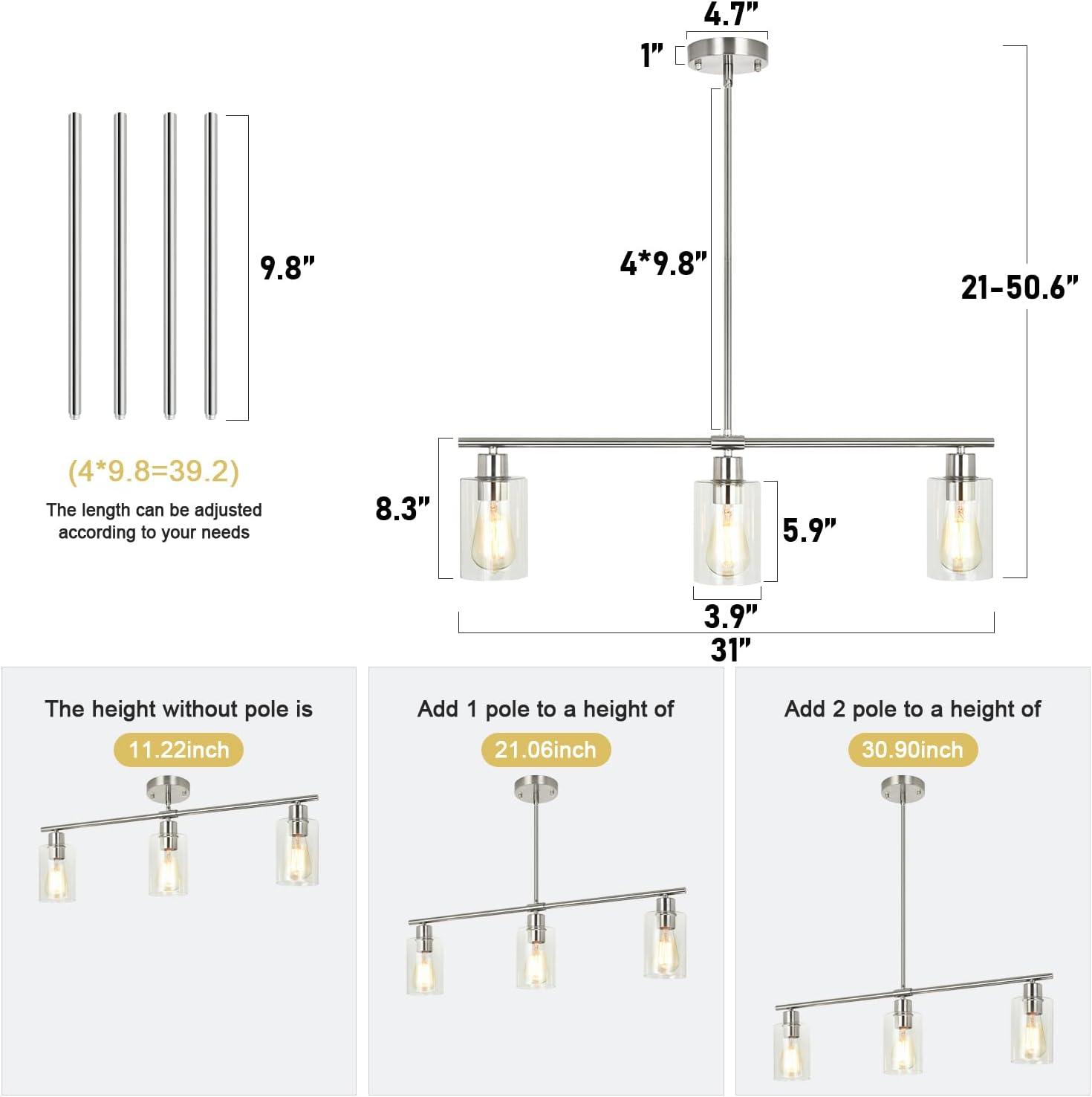 Brushed Nickel 3-Light Linear Island Pendant with Clear Glass Shades