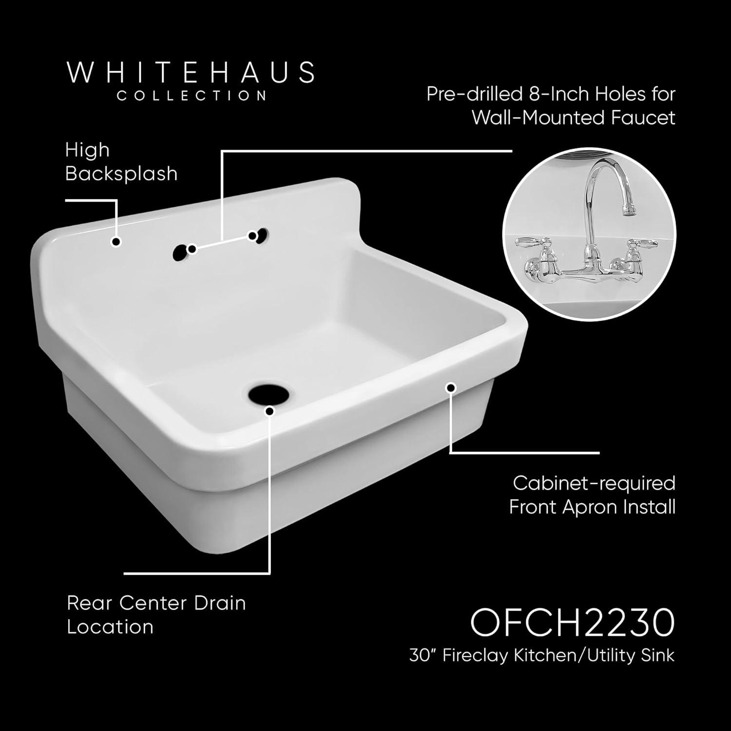 Whitehaus Collection 30" Front Apron Fireclay Kitchen Sink with High Back Splash & Faucet Drilling