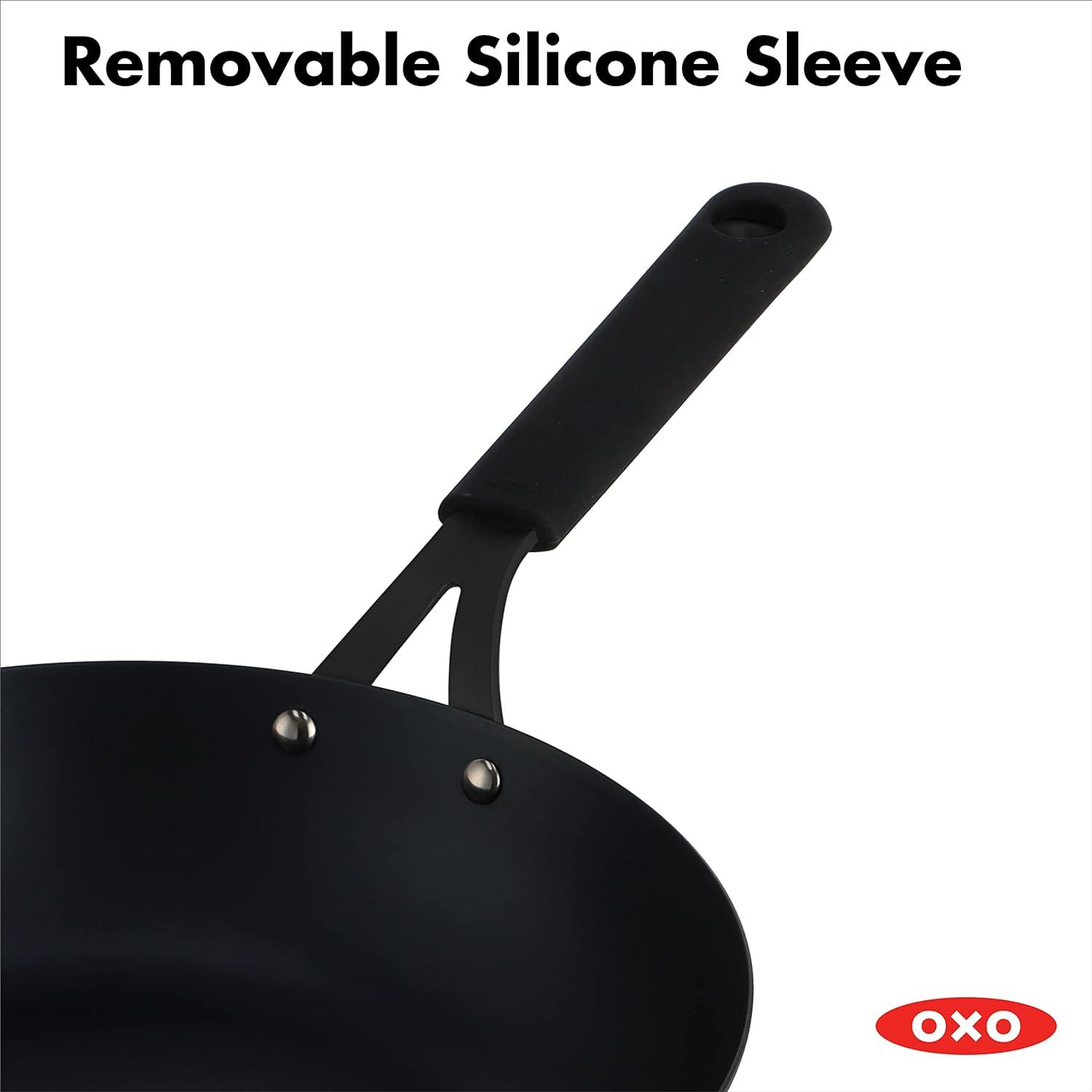 OXO 12" Steel Open Wok with Silicone Sleeve Black: Carbon Steel Pan, 12 Inch, Induction & Gas Compatible, Hand Wash