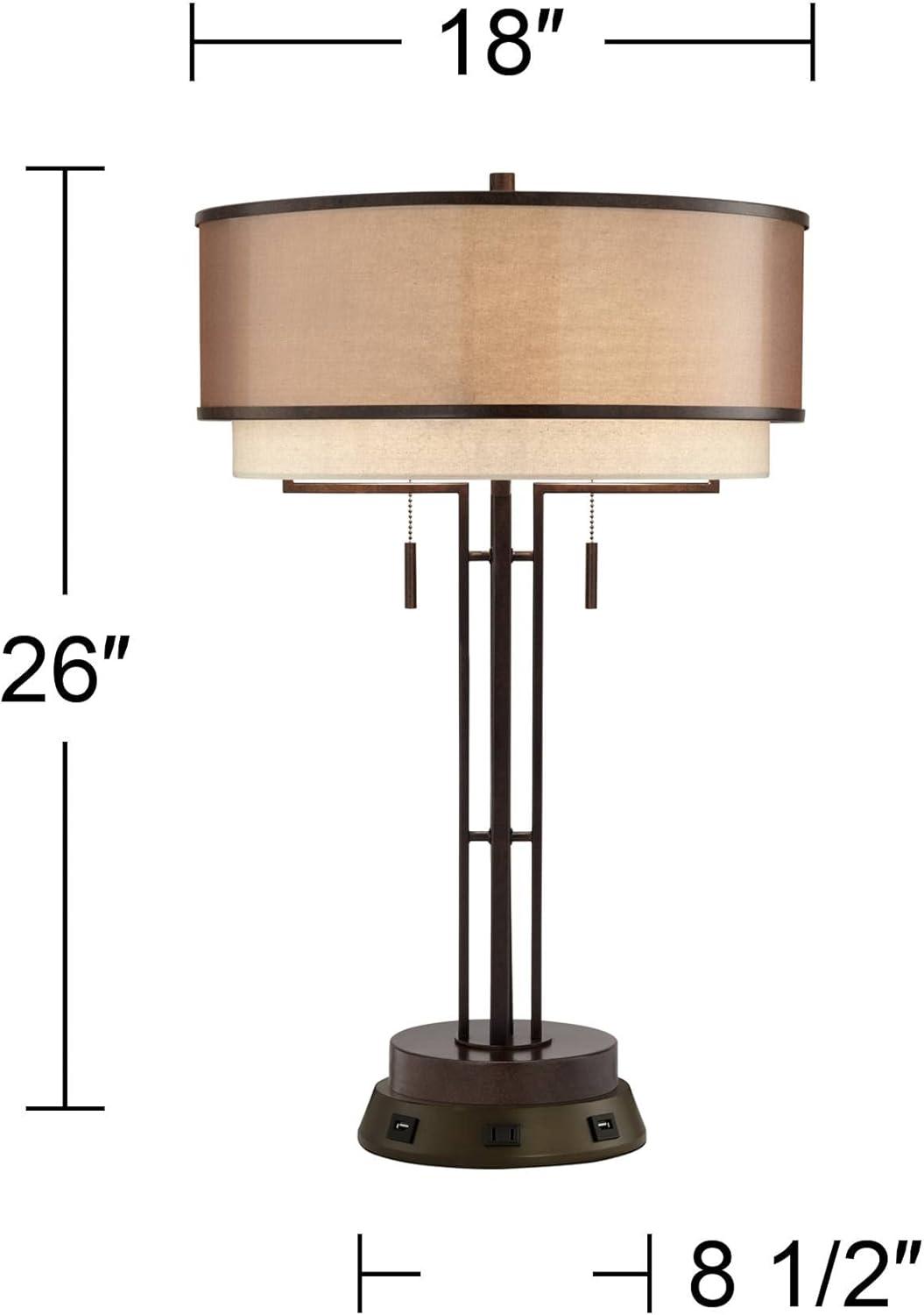 Franklin Iron Works Industrial Table Lamp with USB and AC Power Outlet Workstation Charging Base 26" High Bronze Double Shade Living Room