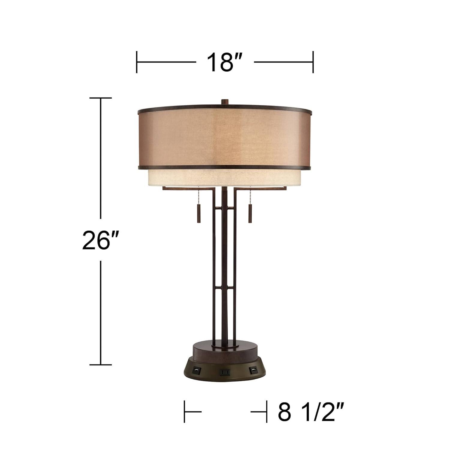 Franklin Iron Works Industrial Table Lamp with USB and AC Power Outlet Workstation Charging Base 26" High Bronze Double Shade Living Room