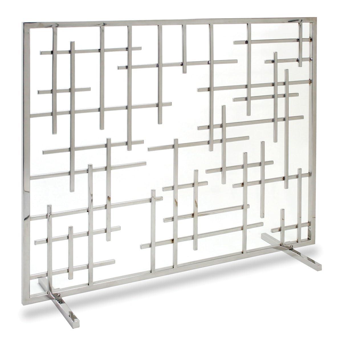 Contemporary Polished Nickel Fireplace Screen with Geometric Design