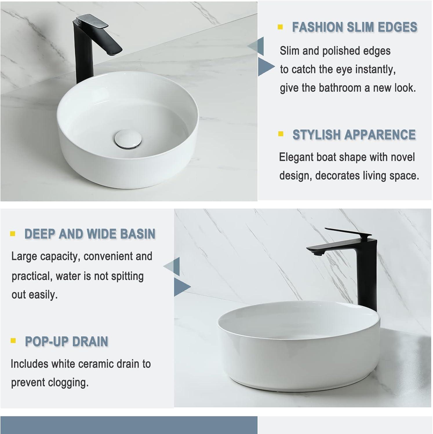 Davivy 14.2'' White Ceramic Circular Vessel Bathroom Sink with Pop Up Drain