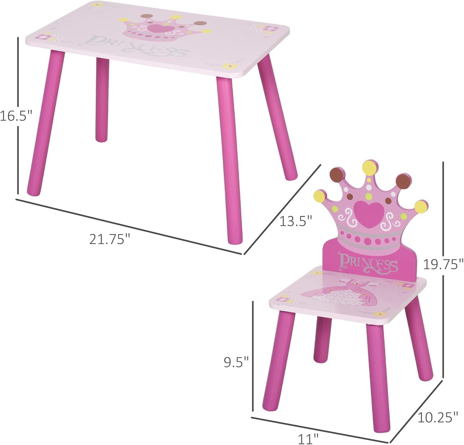 Qaba 3-Piece Kids Wooden Table and Chair Set with Crown Pattern Gift for Girls Toddlers Arts Reading Writing Age 2-4 Years Pink