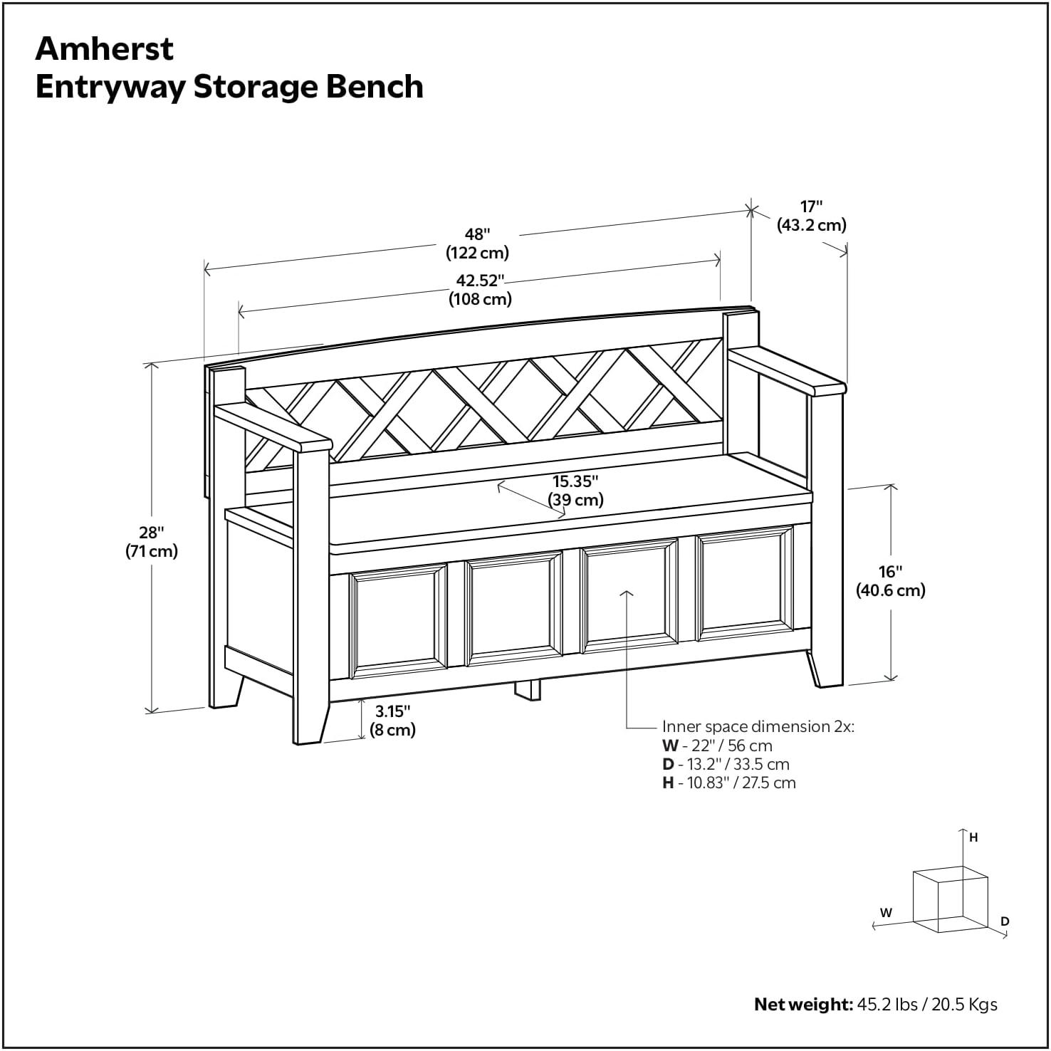 Simpli Home Amherst 48"W Solid Wood Entryway Storage Bench with Lift-Top Lid and Dual Compartments