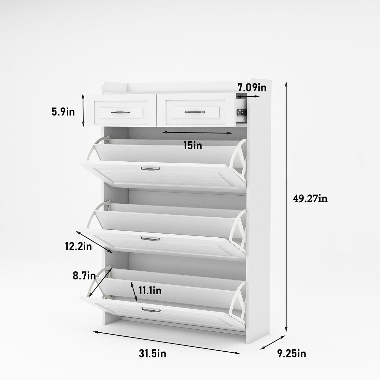 Miniyam Shoe Cabinet, Flip Down Shoe Rack with Drawers, Freestanding Shoe Storage Organizer for Entryway, White