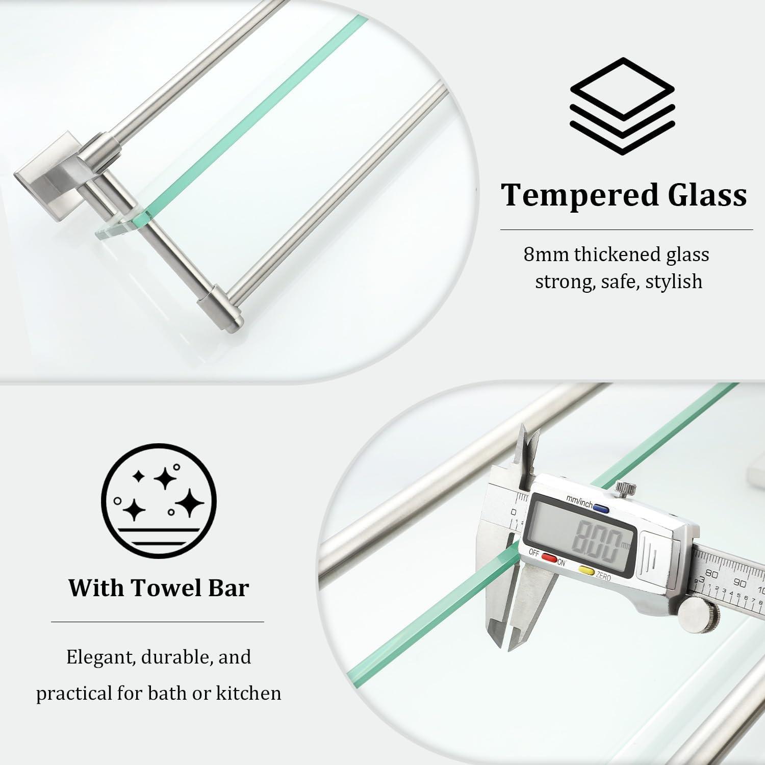 Alise Bathroom Glass Shelf Wall Mounted, Tempered Glass Bathroom Shelf with Towel Bar, SUS304 Stainless Steel Modern Floating Shelf, Brushed Nickel, 20 inch