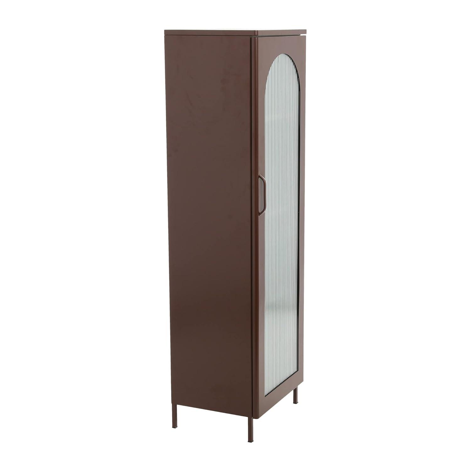 Storied Home Tall Metal Accent Cabinet: 3 Shelves, Arched Glass, Vintage Brown, 57" Height