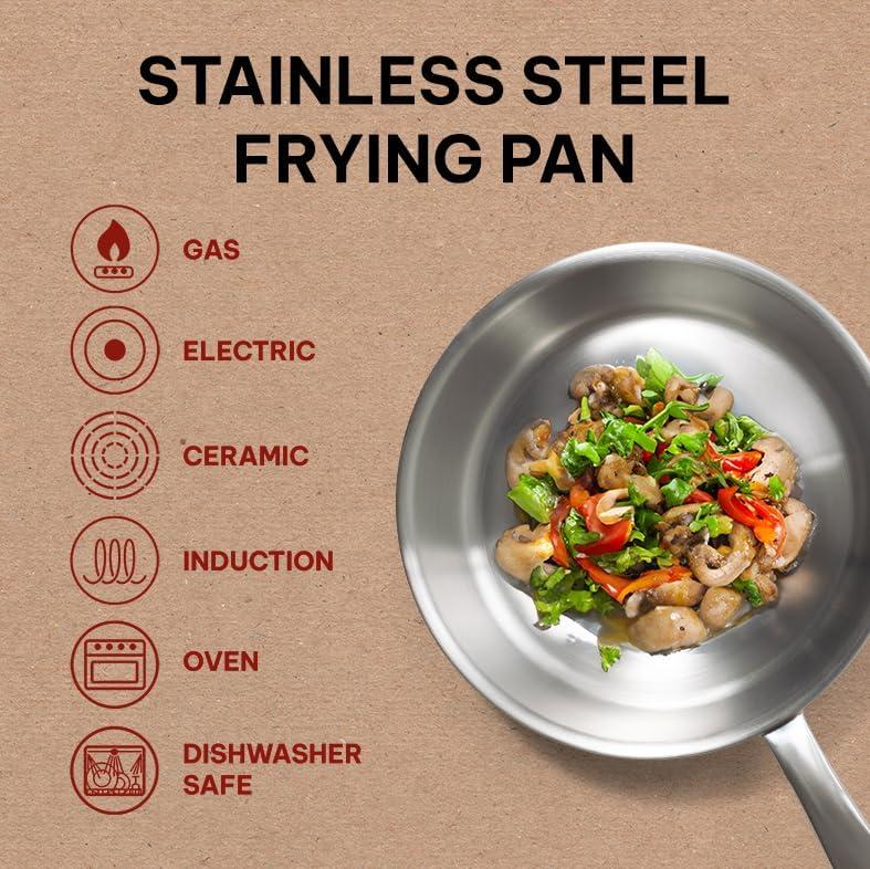 Alva Maestro Stainless Steel Frying Pan Skillet Non Toxic Omelette Pan Kitchen Cookware PFAS, PFOA & PFTE Free, for Cooking Pan Set, Induction Safe, Add to Your Pots and Pans Set Cookware