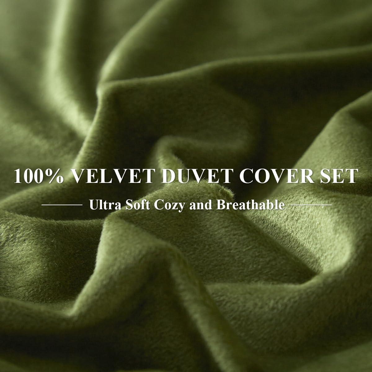 Ivellow Velvet Flannel Duvet Cover King Size Olive Green Comforter Cover Ultra Soft Breathable Cozy Velour Duvet Cover Solid Luxury Bedding Set Zipper Closure Corner Ties