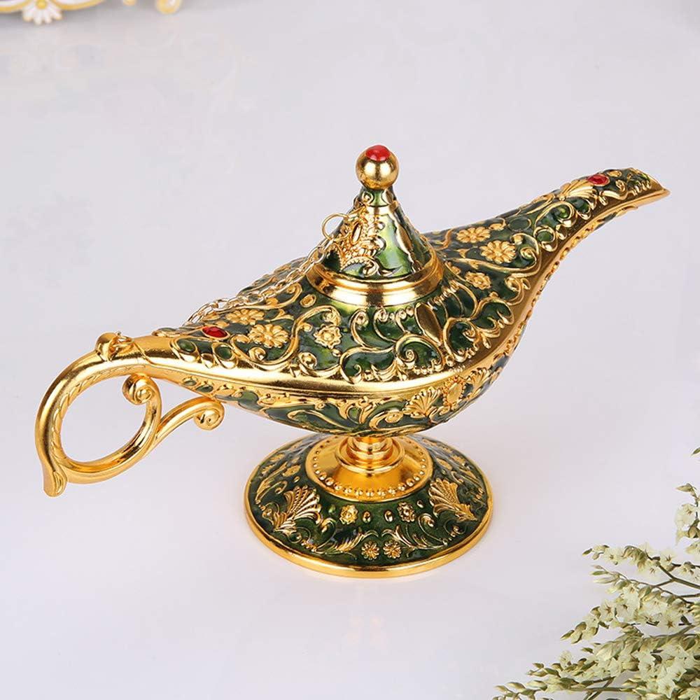 Vintage Aladdin Magic Genie Lamp Light for Home Party Wedding Table Decoration & Gift,Classic Zinc Alloy Arabian Lamp Jewelry Box (Gold & Green)