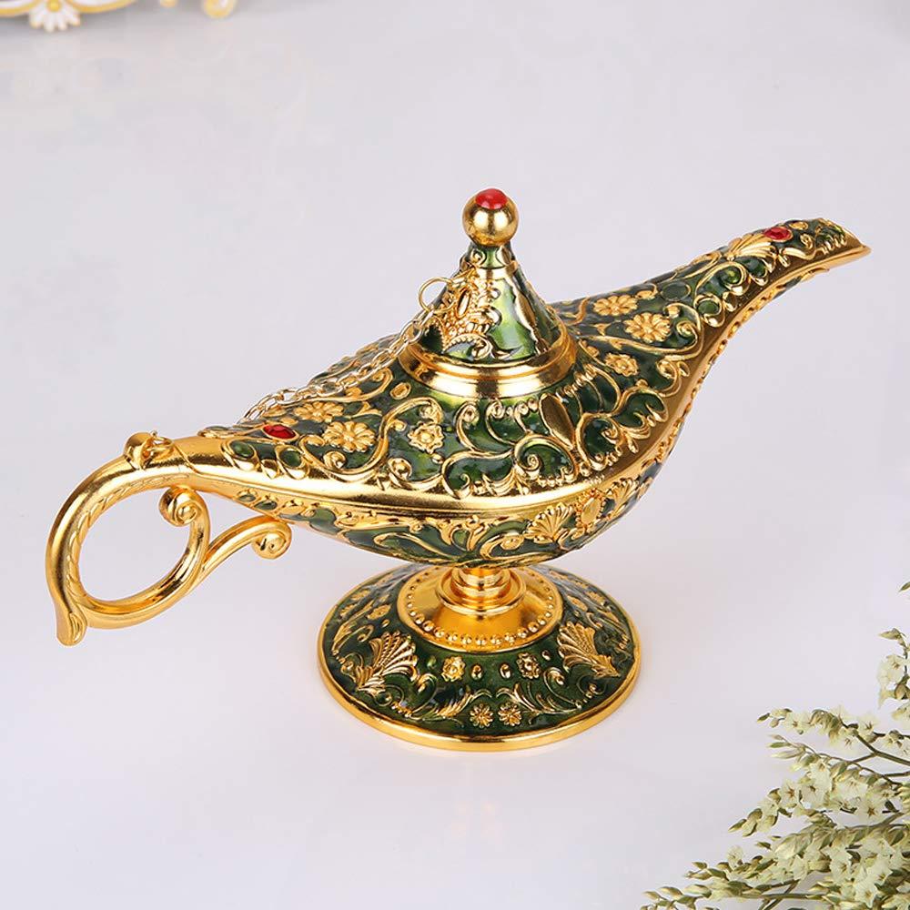 Vintage Aladdin Magic Genie Lamp Light for Home Party Wedding Table Decoration & Gift,Classic Zinc Alloy Arabian Lamp Jewelry Box (Gold & Green)