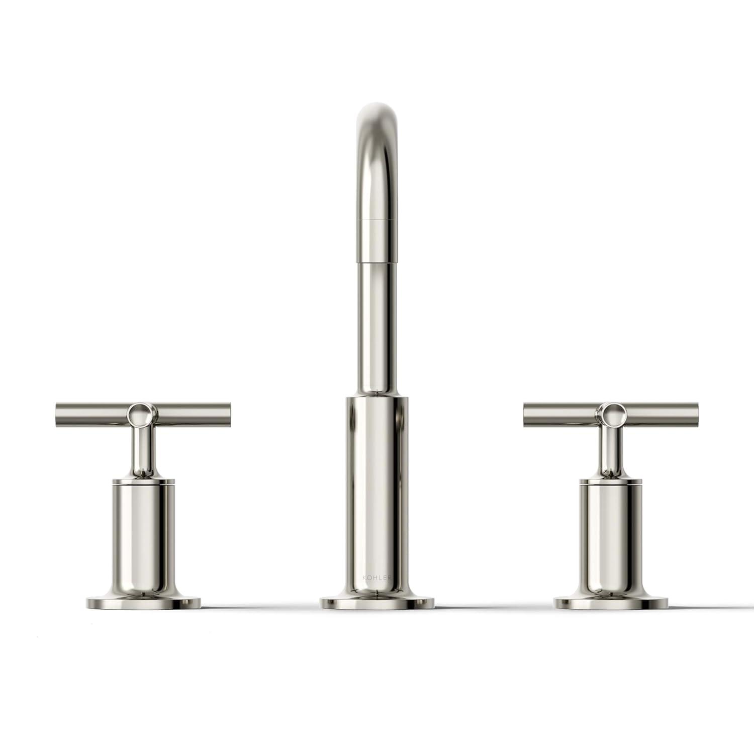 Kohler Purist® Widespread Bathroom Faucet with Pop-Up Drain Assembly, 3-Hole High Arc Cross Handle Bathroom Sink Faucet, 1.2 gpm