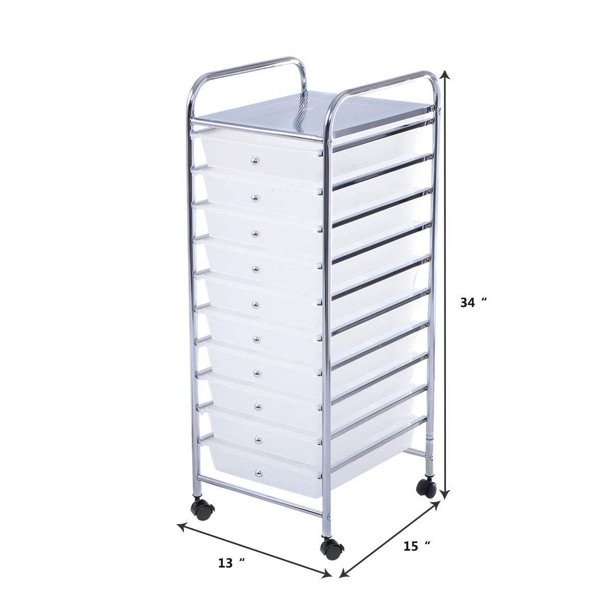 10-Drawer Rolling Storage Cart, Multipurpose Utility Cart Mobile Craft Cart w/Drawers & Wheels, Home Office School Tools Scrapbook Paper Organizer (Clear)