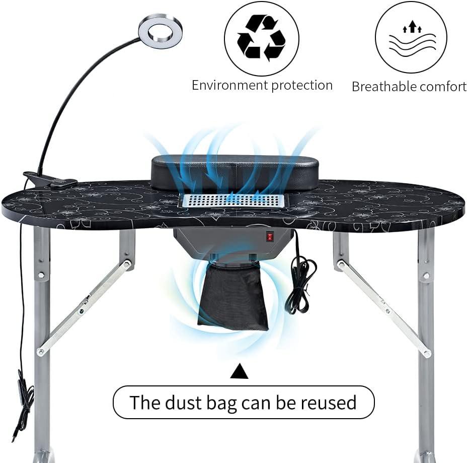 Nail Desk Portable Manicure Table, Professional Nail Table with USB-plug LED Table Lamp, Sponge Pillow, Electric Dust Collector, Carrying Bag, Black