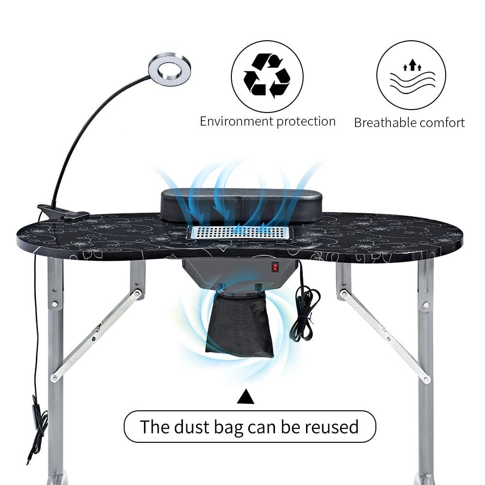 Nail Desk Portable Manicure Table, Professional Nail Table with USB-plug LED Table Lamp, Sponge Pillow, Electric Dust Collector, Carrying Bag, Black