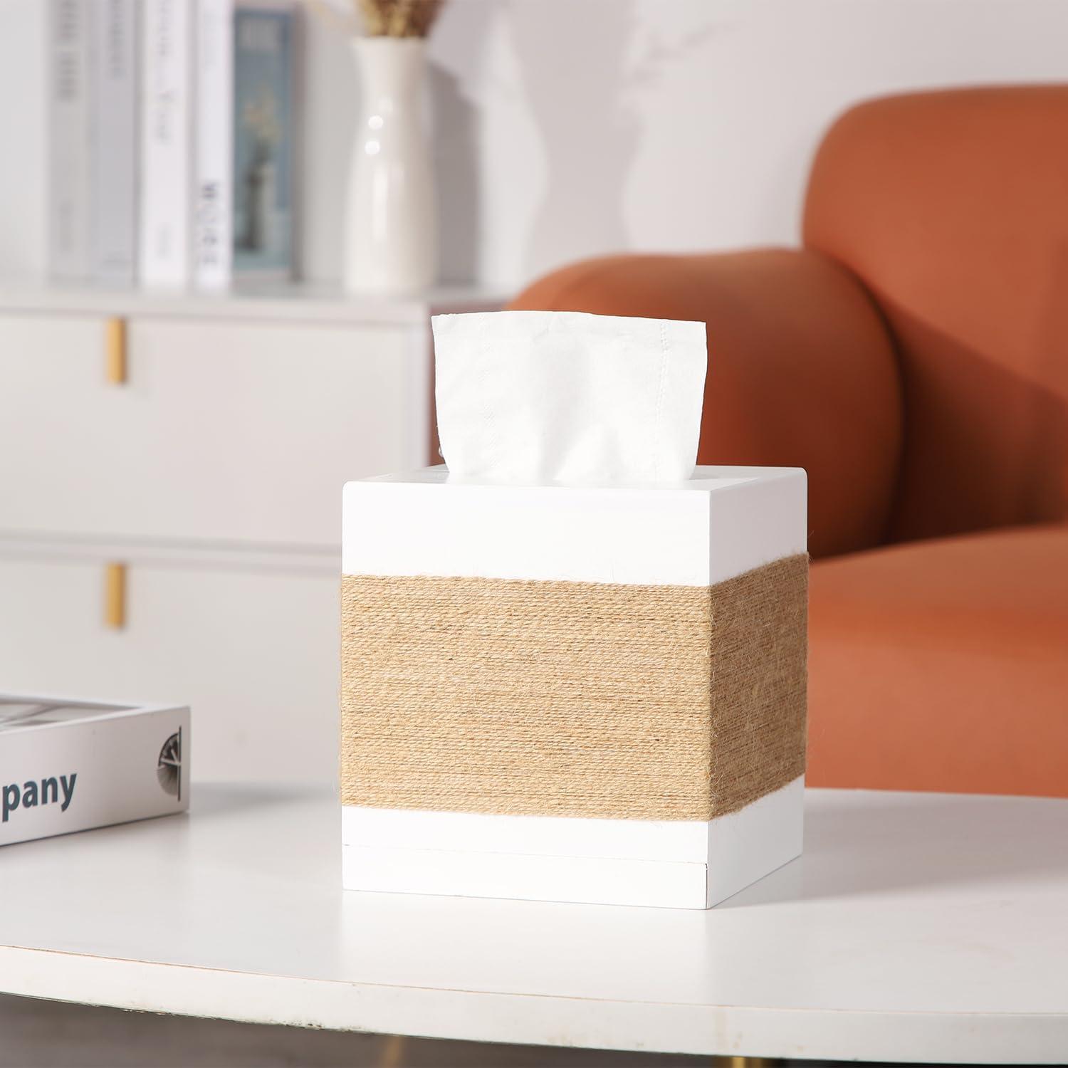 Tissue Box Cover, Wood Tissue Box Cover Square, Farmhouse Tissue Box Holder Covers Your Tissues, Decorative Tissue Cube Box Cover with Slide-Out Bottom (White)