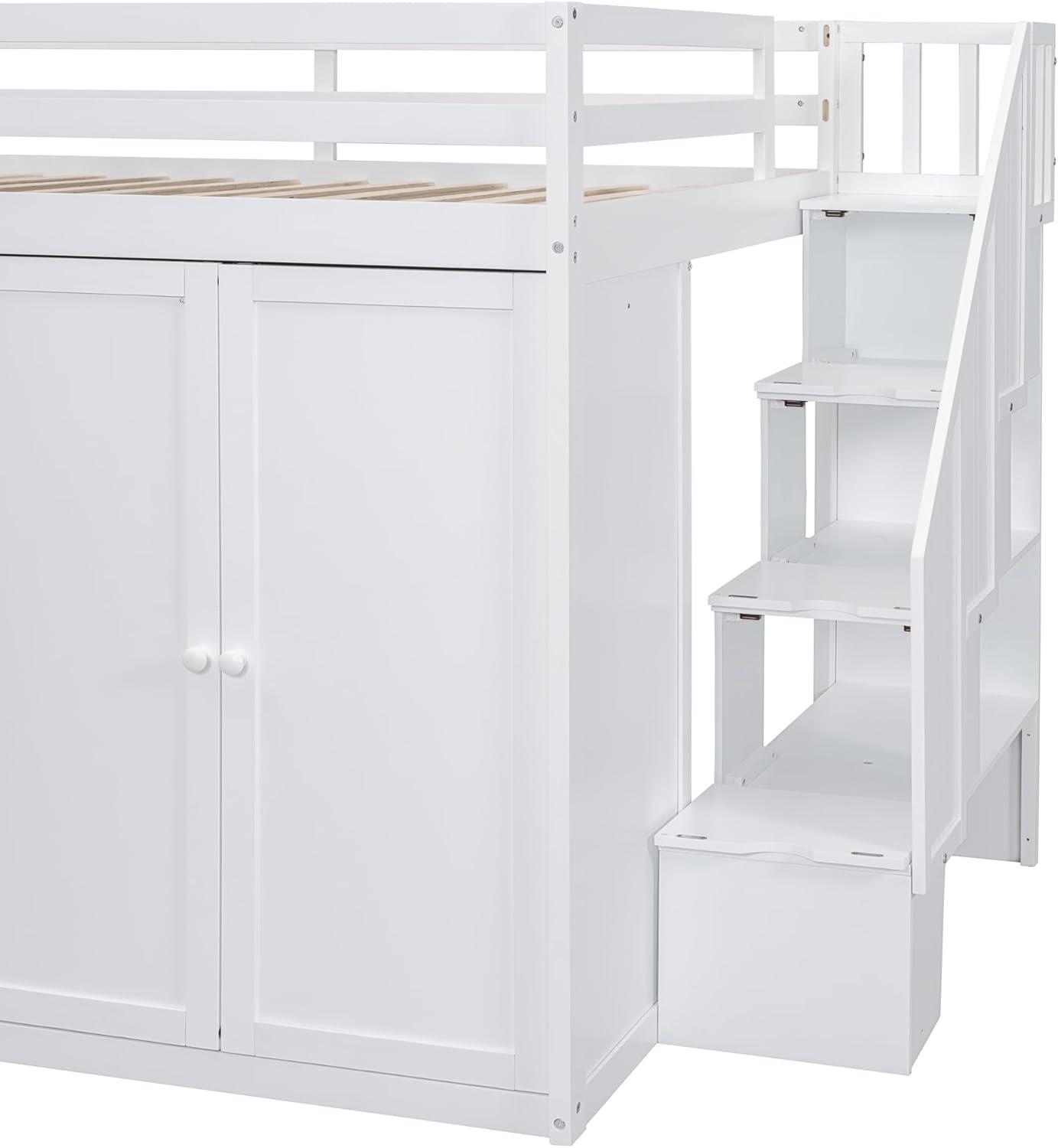 Harper & Bright Designs Full Size Loft Bed with Stairs and Wardrobes, Solid Wood Loft Bed Frame with Storage Cabinets and Drawers for Kids Teens Adults, Weight Capacity: 600LBS, White