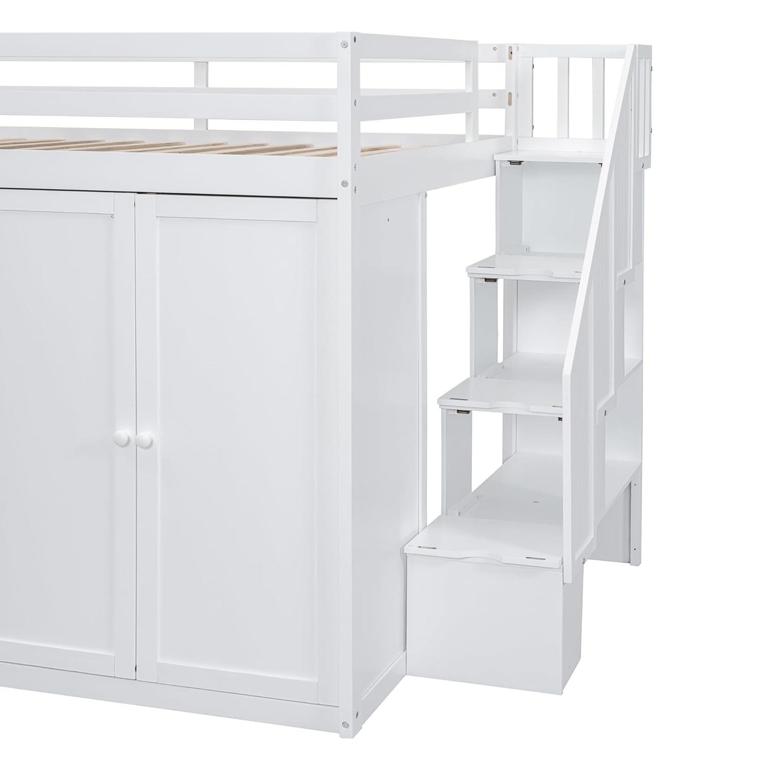Harper & Bright Designs Full Size Loft Bed with Stairs and Wardrobes, Solid Wood Loft Bed Frame with Storage Cabinets and Drawers for Kids Teens Adults, Weight Capacity: 600LBS, White