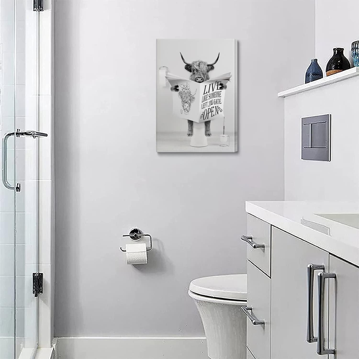 Modern Black Framed Highland Cow Wall Art Minimalist Bathroom Wall Decor Cute Funny Animals Artwork Canvas Prints Ready to Hang for Guest Bathroom, Hotel, Condo, Kids Bathroom, 12”x16”