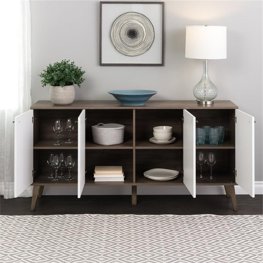 Milo Mid-Century Modern 4 Door Buffet Server Gray/White - Prepac: Laminated Composite Wood, Adjustable Shelves